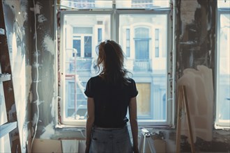 Young woman in apartment room with walls in need of renovation. Generative AI, AI generated