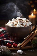 A close-up of a steaming cup of hot cocoa topped with marshmallows, surrounded by cinnamon sticks,