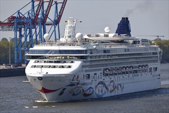 Cruise ship Norwegian Star of the shipping company Norwegian Cruise Line enters the port of Hamburg