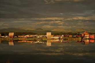 Seaplane airport overlooking Chugach mountain range, Lake Hood, Anchorage, Alaska, USA, North