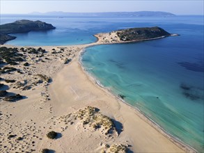 Drone shot, double bay of Simos beach, Sarakiniko beach, Elafonisos, Deer Island, Laconia,