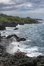 Blow hole on the volcanic south coast of Taveuni, Fiji, South Pacific, Oceania