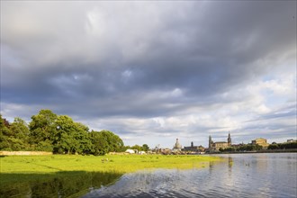 Dresden's old town silhouette in the summer sunlight, the Elbe is slightly flooded after heavy