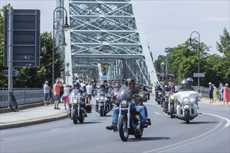 Harley Days Dresden, big ride through the city, here at the Elbe bridge Blaue Wunder