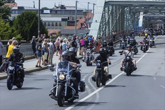 Harley Days Dresden, big ride through the city, here at the Elbe bridge Blaue Wunder