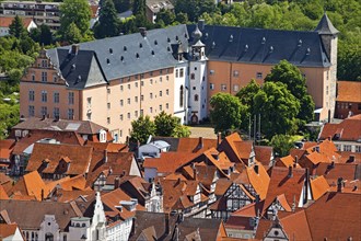 City view from an elevated viewpoint of the Welfenschloss Münden, Hannoversch Münden, Lower Saxony,