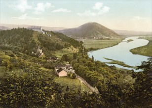 The Valhalla with a view of the Danube, Donaustauf, Bavaria, Historic, digitally enhanced