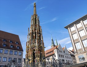 Beautiful fountain on the main market square, Old Town, Nuremberg, Middle Franconia, Bavaria,