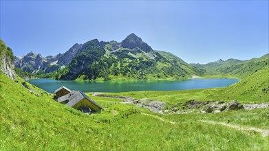 Tappenkarsee Alm with mountain lake, Wildkarkopf, landscape conservation area, Radstätter Tauern,