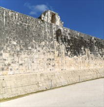 Walls of the ball court with stone hoop, Juego de Pelota, Chichen Itza, Mayan ruins, Yucatan,