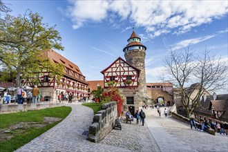 Imperial castle with fountain house and Sinwelt tower, half-timbered houses in the castle, in