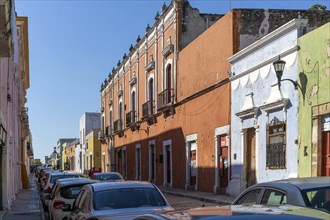 Row of colourful Spanish colonial buildings, Campeche city centre, Campeche State, Mexico, Central