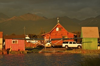 Seaplane airport overlooking Chugach mountain range, Lake Hood, Anchorage, Alaska, USA, North