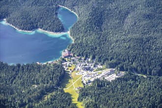 Detailed view of islands and forest at the Eibsee lake, Bavaria, Germany, Europe