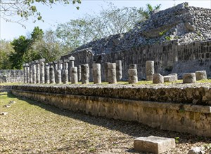 Stone columns in the Mercado area, Chichen Itza, Mayan ruins, Yucatan, Mexico, Central America