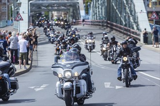 Harley Days Dresden, big ride through the city, here at the Elbe bridge Blaue Wunder