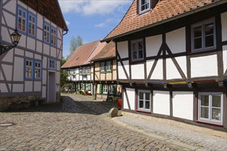 Restored half-timbered houses in the old town, Unterstadt, Halberstadt, Harz, Saxony-Anhalt,