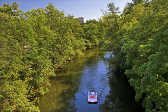 Couple in a pedal boat on the river Lahn, Marburg, Hesse, Germany, Europe