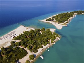 Aerial view, lagoon, beach and harbour, Glarokavos, Pallini, Kassandra Peninsula, Chalkidiki,