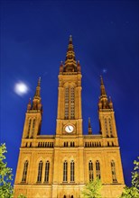 Neo-Gothic Market Church with full moon at night, main Protestant church, Wiesbaden, Hesse,