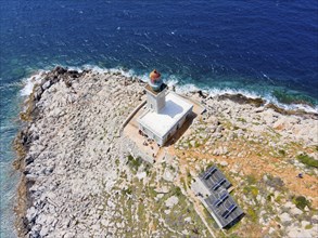 Drone shot, Akrotiri Tenaro lighthouse at the southernmost point of the Peloponnese, Cape Matapan,