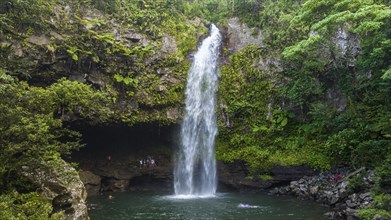 Aerial of the Tavoro Falls, Bouma National Park, Taveuni, Fiji, South Pacific, Oceania