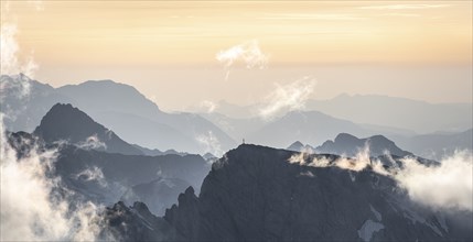 Evening mood, silhouettes, dramatic mountain landscape, view from Hochkönig, Salzburger Land,