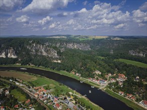 Aerial view of Rathen on the Elbe with the rocks of the Basteige area and the new viewing platform