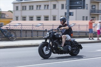 Harley Days Dresden, big ride through the city, here at the Elbe bridge Blaue Wunder