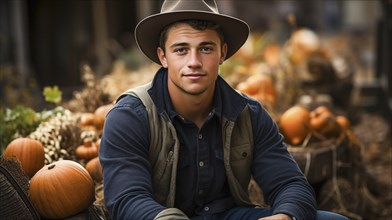 Young adult male farmer weaing cowboy hat standing near his truck in the country, generative AI