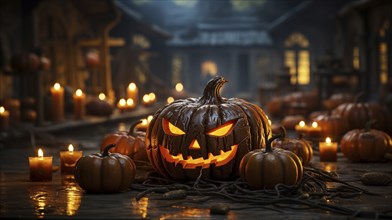 Halloween pumpkins and candles on a house porch entry way, generative AI