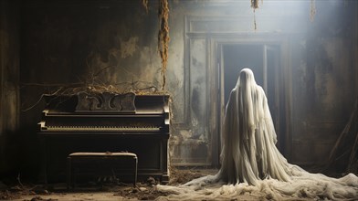 Mysterious and spooky female figure covered in sheer garment standing next to an old dusty piano in