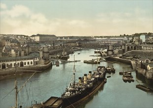 The Port Militaire and the swing bridge, Brest, France, c. 1890, Historic, digitally enhanced