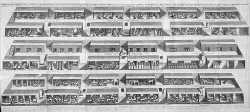 Interior view of Noah's Ark with the animals housed in their compartments on three decks, ca 1850,