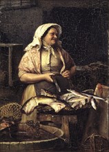 A Woman Selling Fish, Fishmonger, 1875, Painting by Carl Bloch, Historic, Digitally enhanced