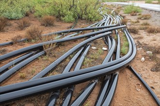 Loco Hills, New Mexico, A tangle of large black hoses connects oil well and tanks in the oil fields