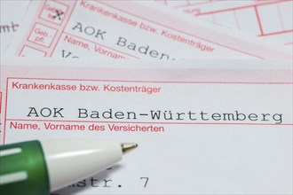 Prescriptions for medicines, AOK, health insurance, cost unit, pen, Baden-Württemberg, Germany,