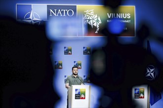 Ukrainian President Volodymyr Selensky, pictured at a joint press conference at the NATO summit in