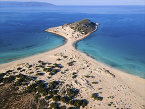 Drone shot, double bay of Simos beach, Sarakiniko beach, Elafonisos, Deer Island, Laconia,