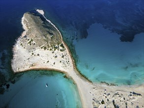 Drone shot, double bay of Simos beach, Sarakiniko beach, Elafonisos, Deer Island, Laconia,