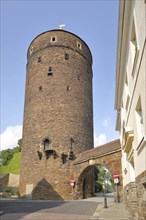 Historic medieval Donatsturm and archway as city fortification, tower, Freiberg, Donatsturm,