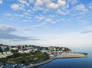 Sunset over Torquay Marina from a drone, Devon, England, United Kingdom, Europe