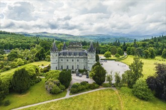 Inveraray Castle from a drone, Clan Campbell, Loch Fyne, Argyll, Scotland, UK