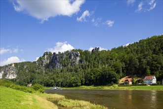 Elbe steamer Pirna from 1898 arrives in Rathen below the Bastei rock