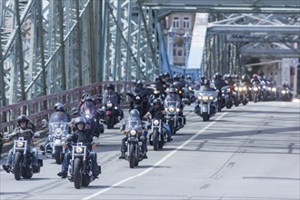 Harley Days Dresden, big ride through the city, here at the Elbe bridge Blaue Wunder