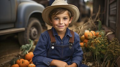 Happy young boy wearing cowboy hat sitting amongst the fall pumpkin harvest, generative AI