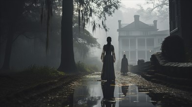 Eerie haunting ghostly female figures walking in front of a foggy southern plantation antebellum