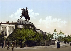 Chmielnitzky, Chmelnizkii, Monument, Kiev, Russia, Ukraine, c. 1890, Historic, digitally enhanced