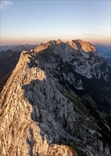 Aerial view, sunset, alpenglow in the mountains, mountain range, Wilder Kaiser, Tyrol, Austria,