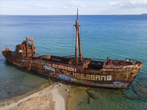 Drone shot, Dimitrios shipwreck, Glyfada beach, Selinitsa, Gythio, Githio, Gythion, Mani, Lakonia,